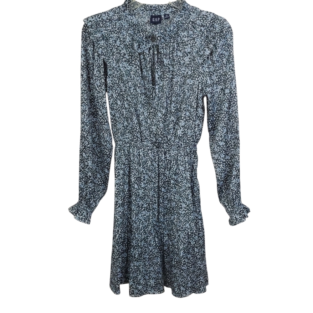 NWT Gap Split-Neck Tiered Mini Dress Blue Ditsy Floral Satin XS Boho Cottagecore